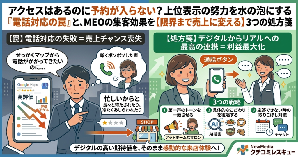 アクセスはあるのに予約が入らない？上位表示の努力を水の泡にする『電話対応の罠』と、MEOの集客効果を【限界まで売上に変える】3つの処方箋
